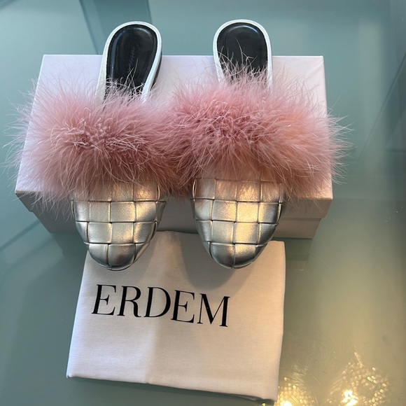 ERDEM Shoes - ERDEM Aerin Silver Quilted Mules w/Pink Feathers Prada Miu Miu 40 9.5